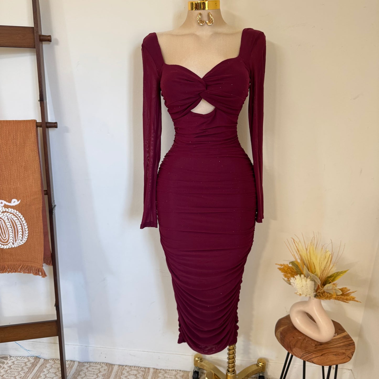 Sweet Heart Long Sleeve Rucing Rhinestone Midi Dress- Burgundy