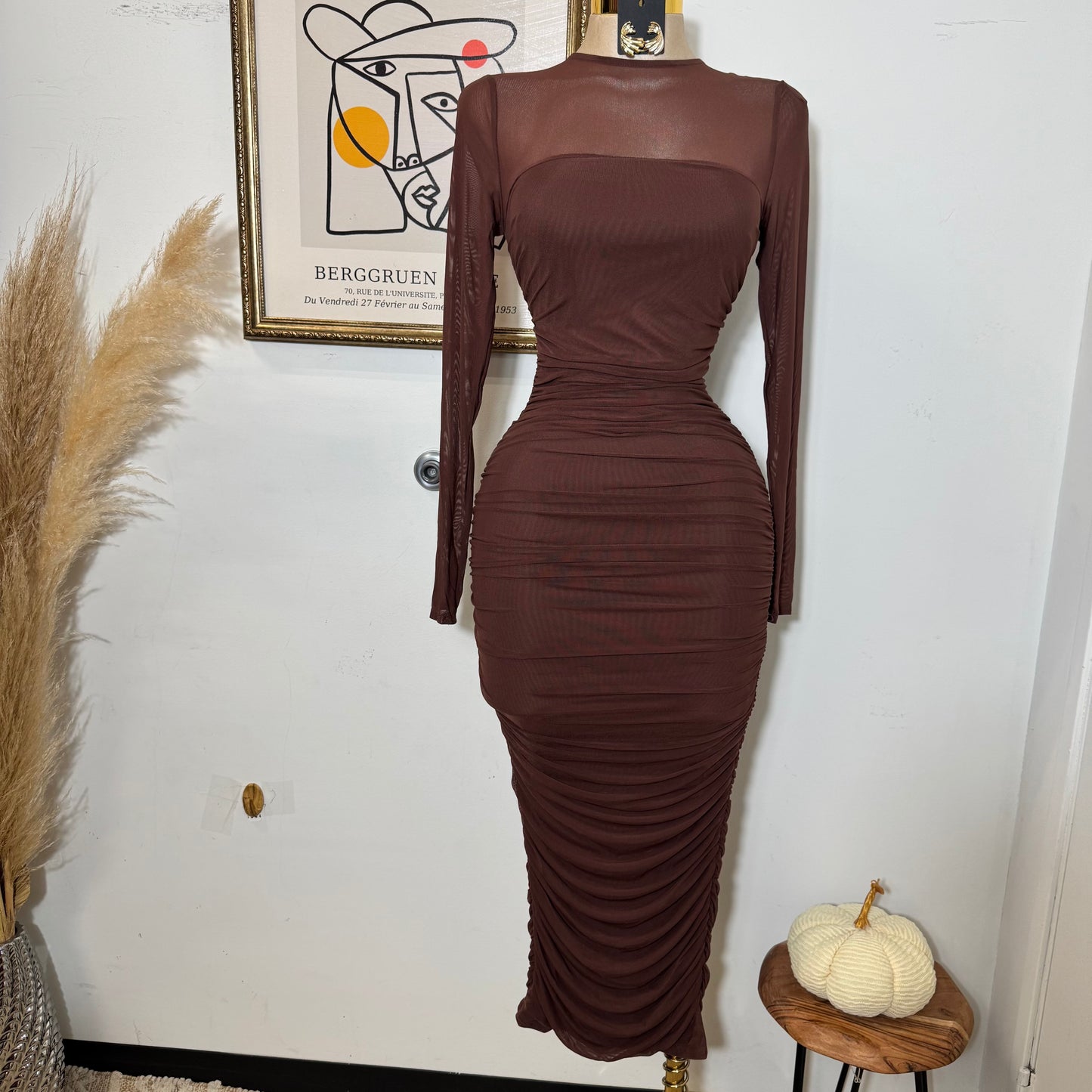 Round Neck Long Sleeve Ruching Midi Dress-Chocolate