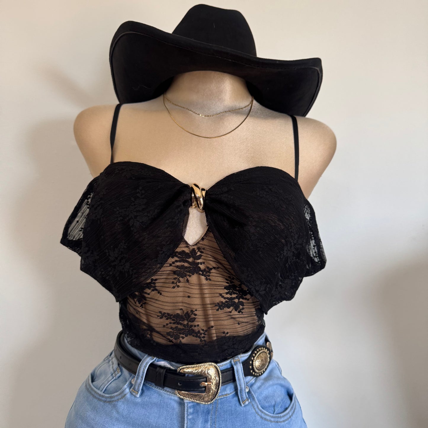 Lace Gold Trim Inset Off shoulder bodysuit-Black