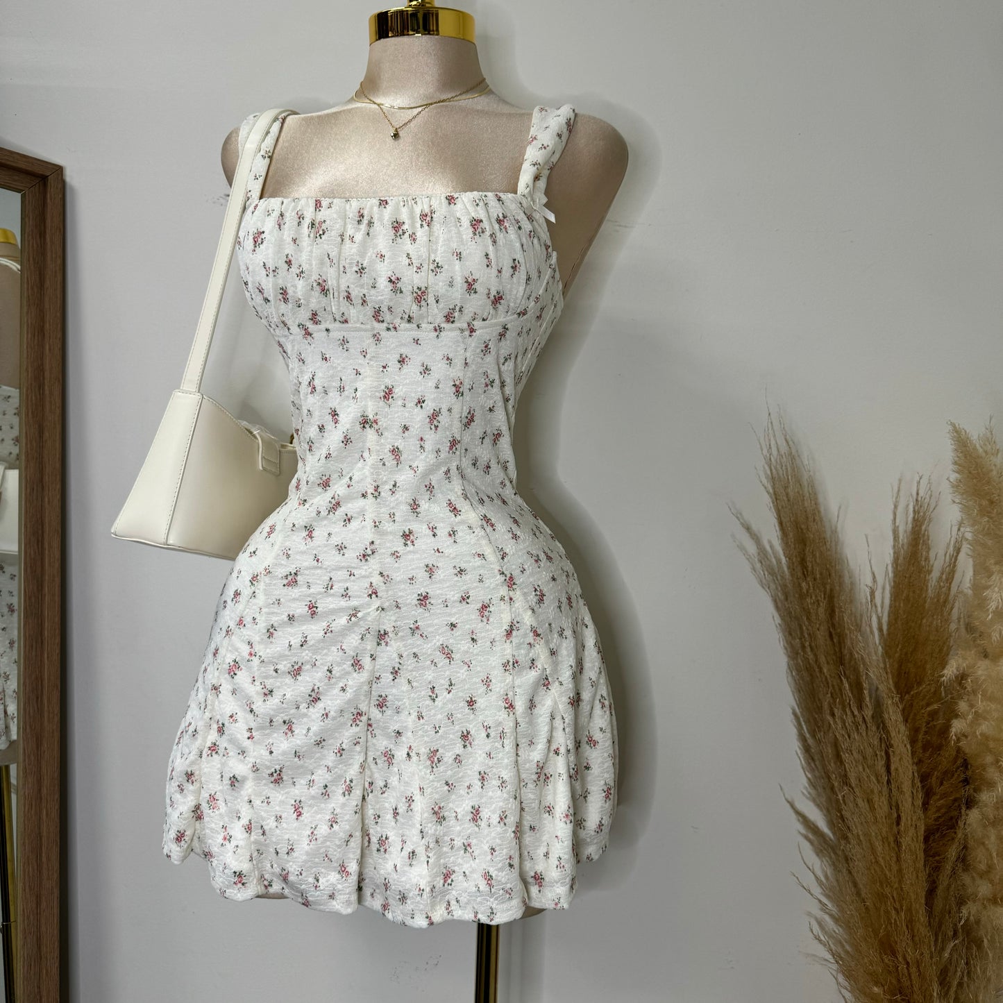 Coqueta Floral Mini Dress-Cream