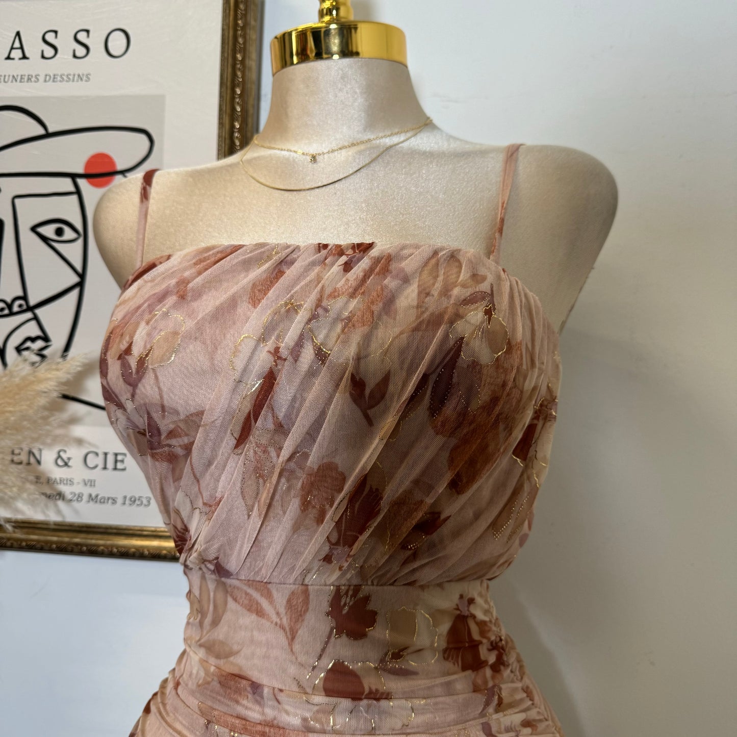 Metallic Mesh Print Tube Neck Line With spaghetti Straps-Rose