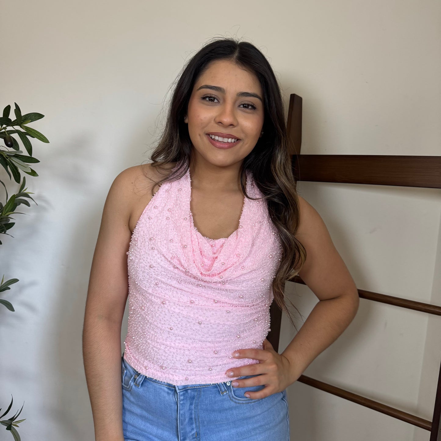 Cowl beaded Halter Top-Pink
