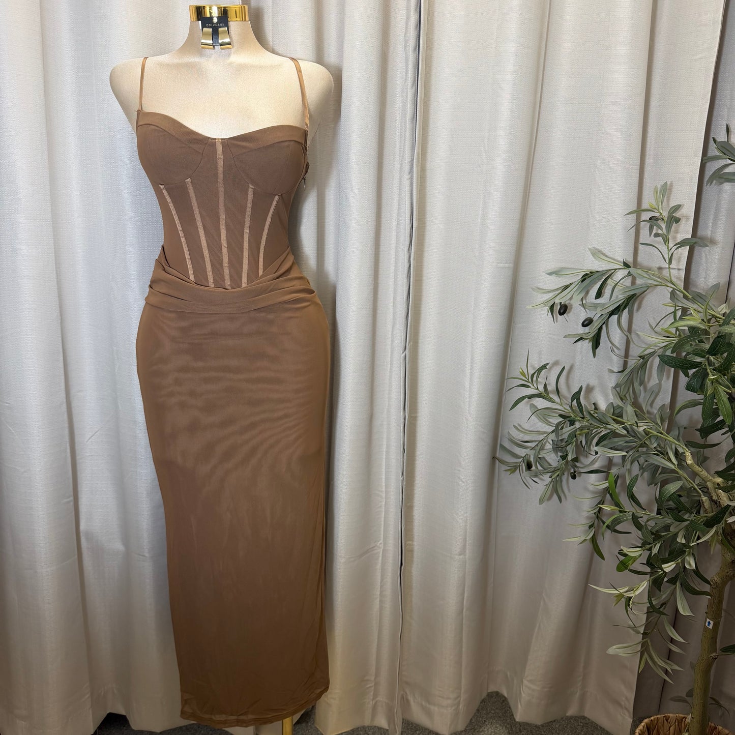 LACE-UP BACK DETAIL CORSET MIDI DRESS-Brown