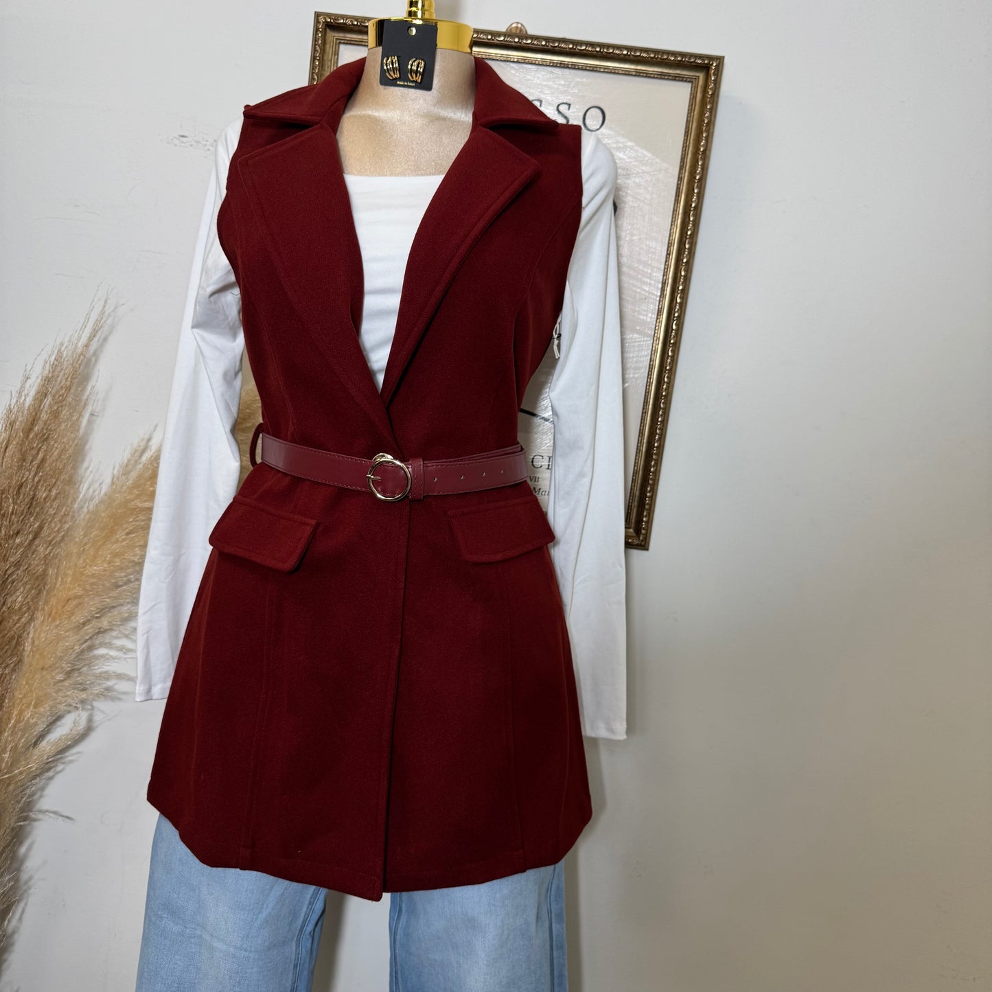 Brush leather Belted Blazer Coat Vest-burgundy