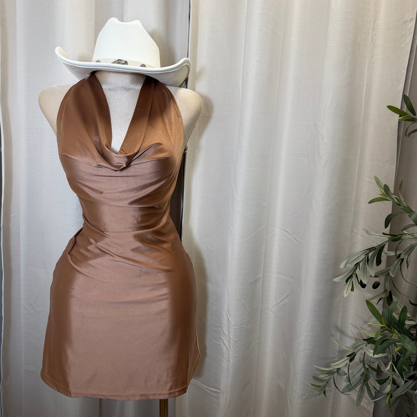 Satin Halter Dress-Brown