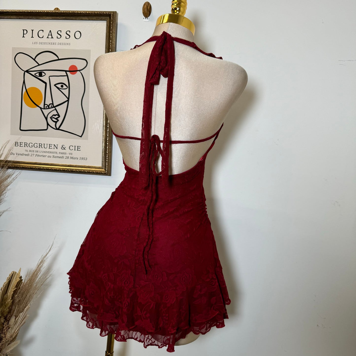 Amy Lace Halter Dress-Burgundy