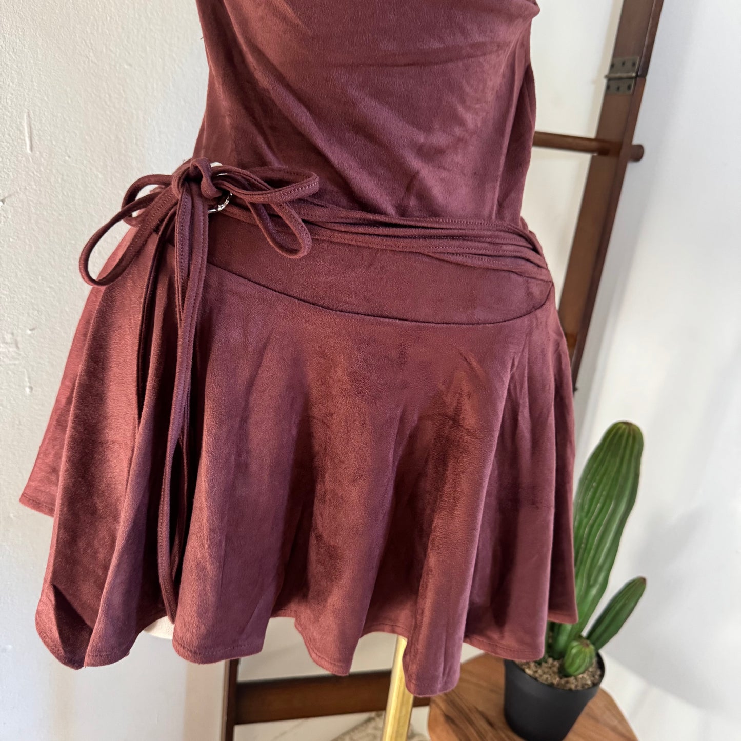 Suede Cowl Halter Open back Dress -Burgundy