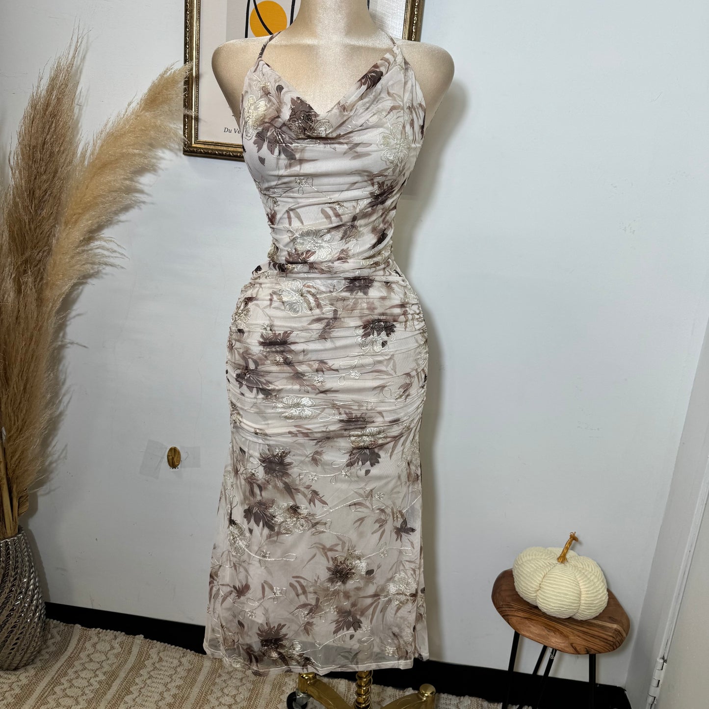 Deep Plunge Halter Neck a-Line Midi Dress-Brown