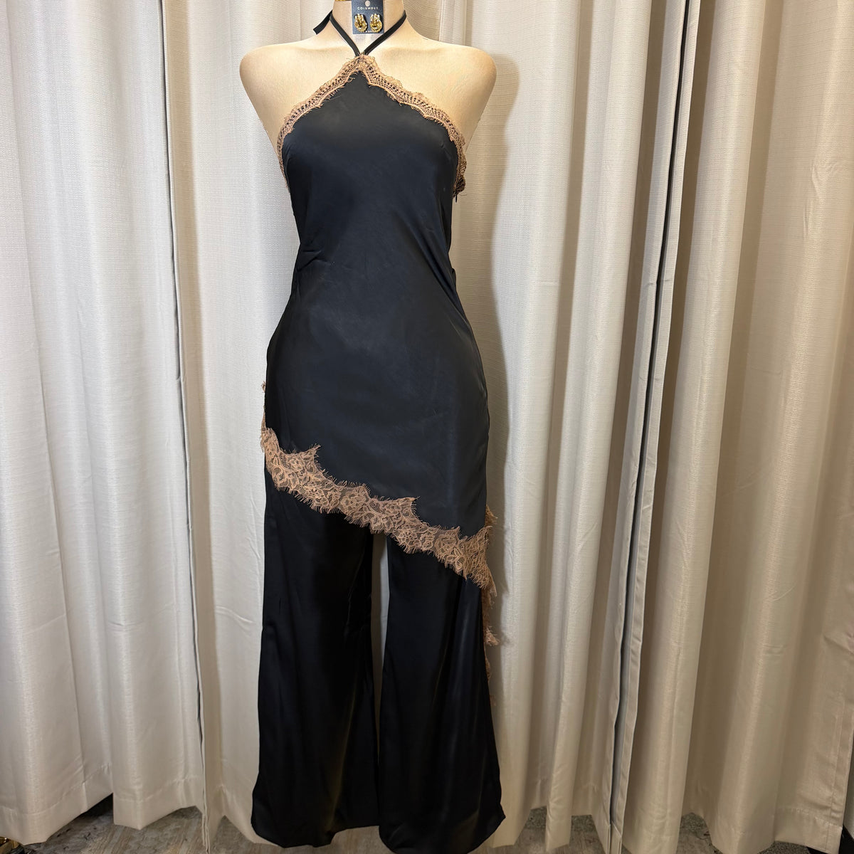 Contrast Lace Trim Satin Halter Jumpsuit-Black/brown