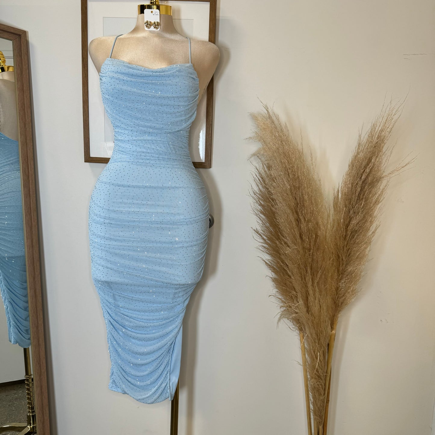 Cielo Rhinestone Midi Dress-Blue