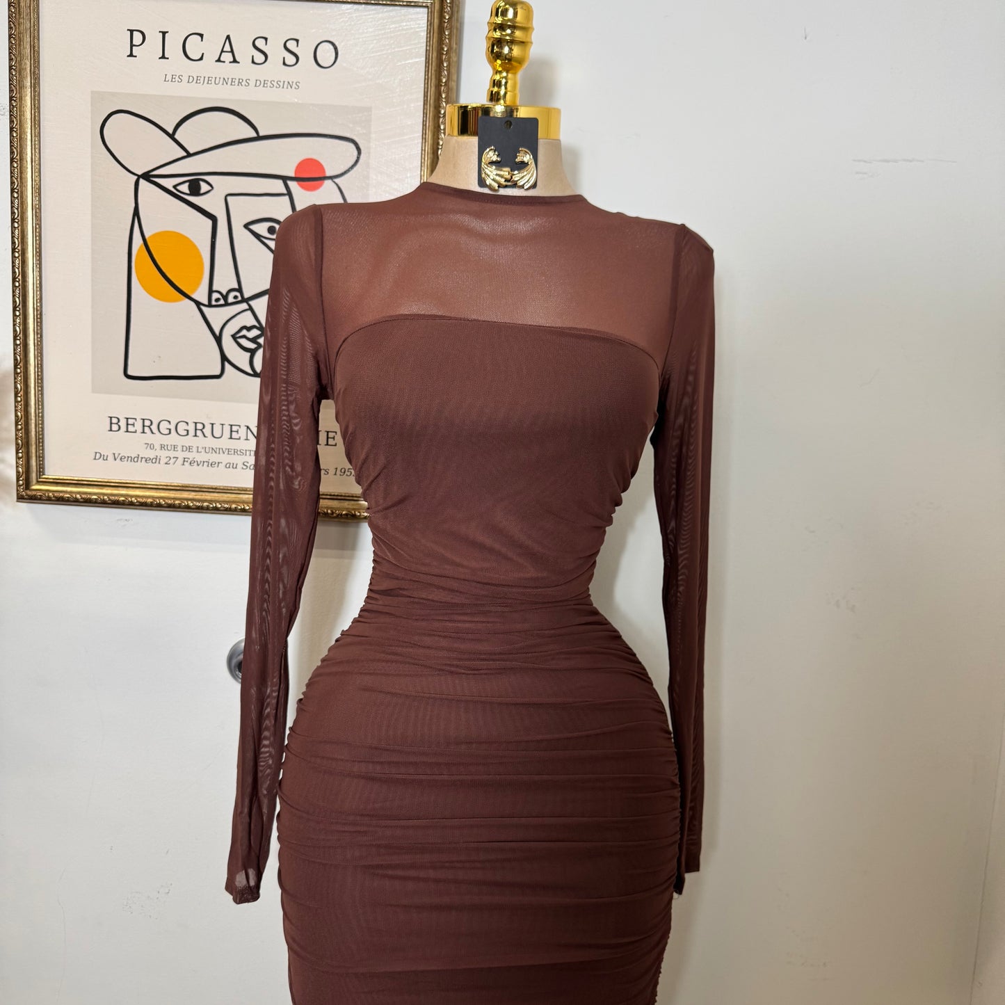 Round Neck Long Sleeve Ruching Midi Dress-Chocolate