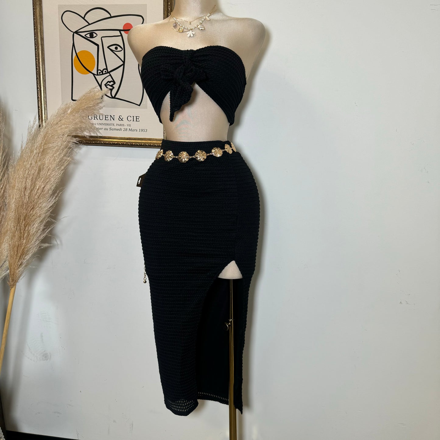 Fishnet Textured Knit Bow Tie Tube Top & Skirt Set-Black