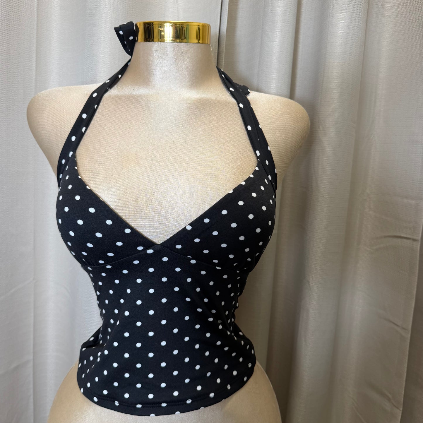 Sleeveless Halter Polka Dot Crop Top-Black/White