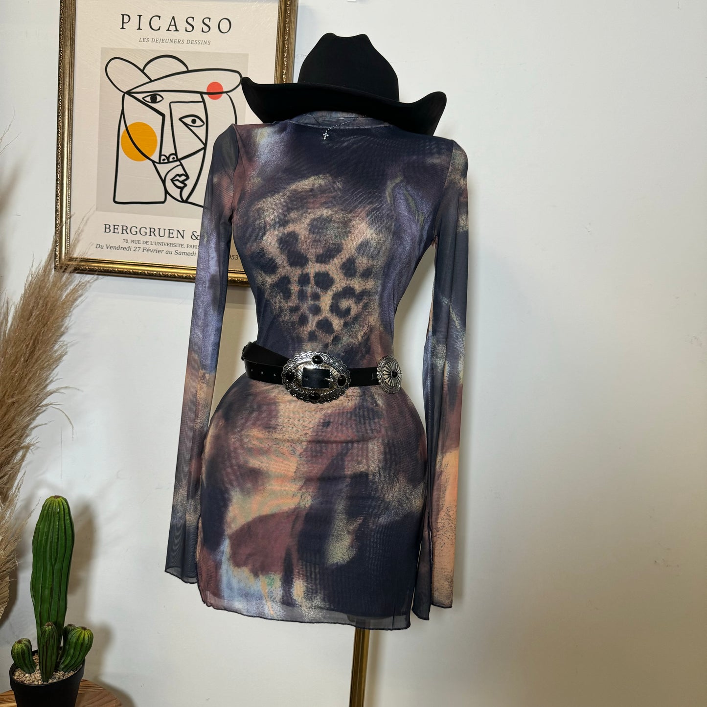 TORY Mesh Long Sleeve Dress-Multi Cheetah Print