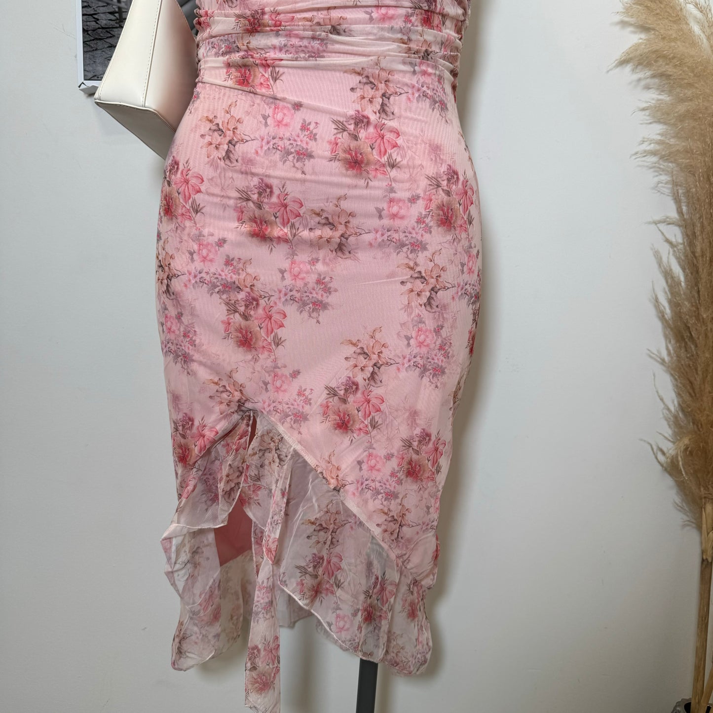 Midi Dress with Sheer Ruffle Detail PL -Pink