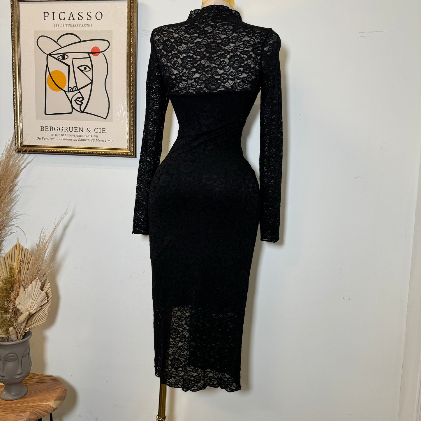 Rosie Lace Midi Open Slit  Dress-Black