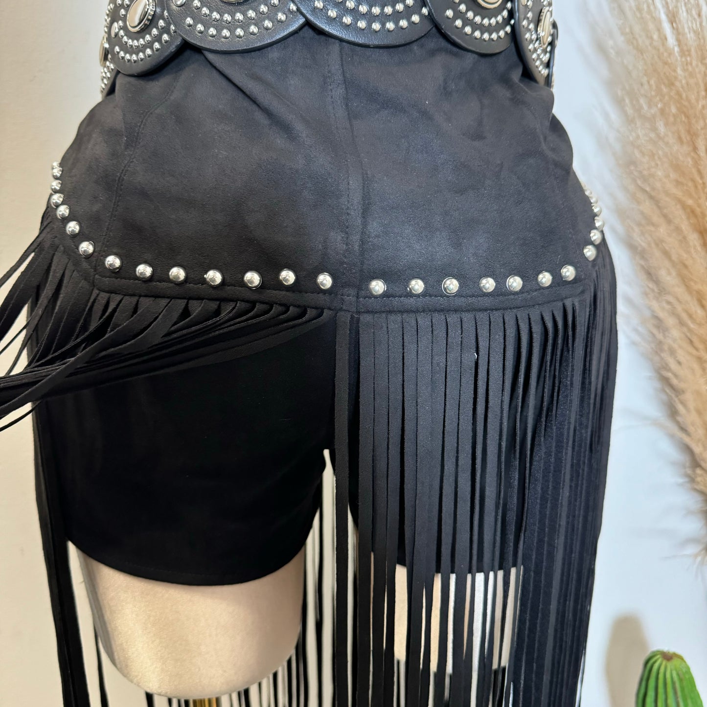 Fringe Stud Suede Shorts-Black