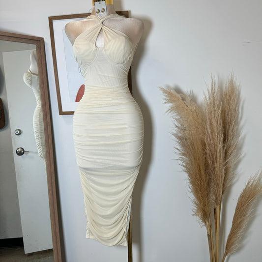 Inara Mesh Twist Halter Neck Midi Dress-Ivory1