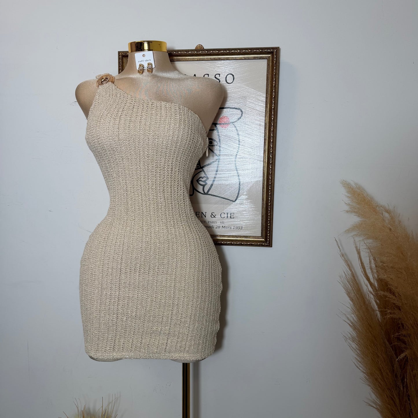 One shoulder Metallic Crochet Knit Mini Dress-Natural