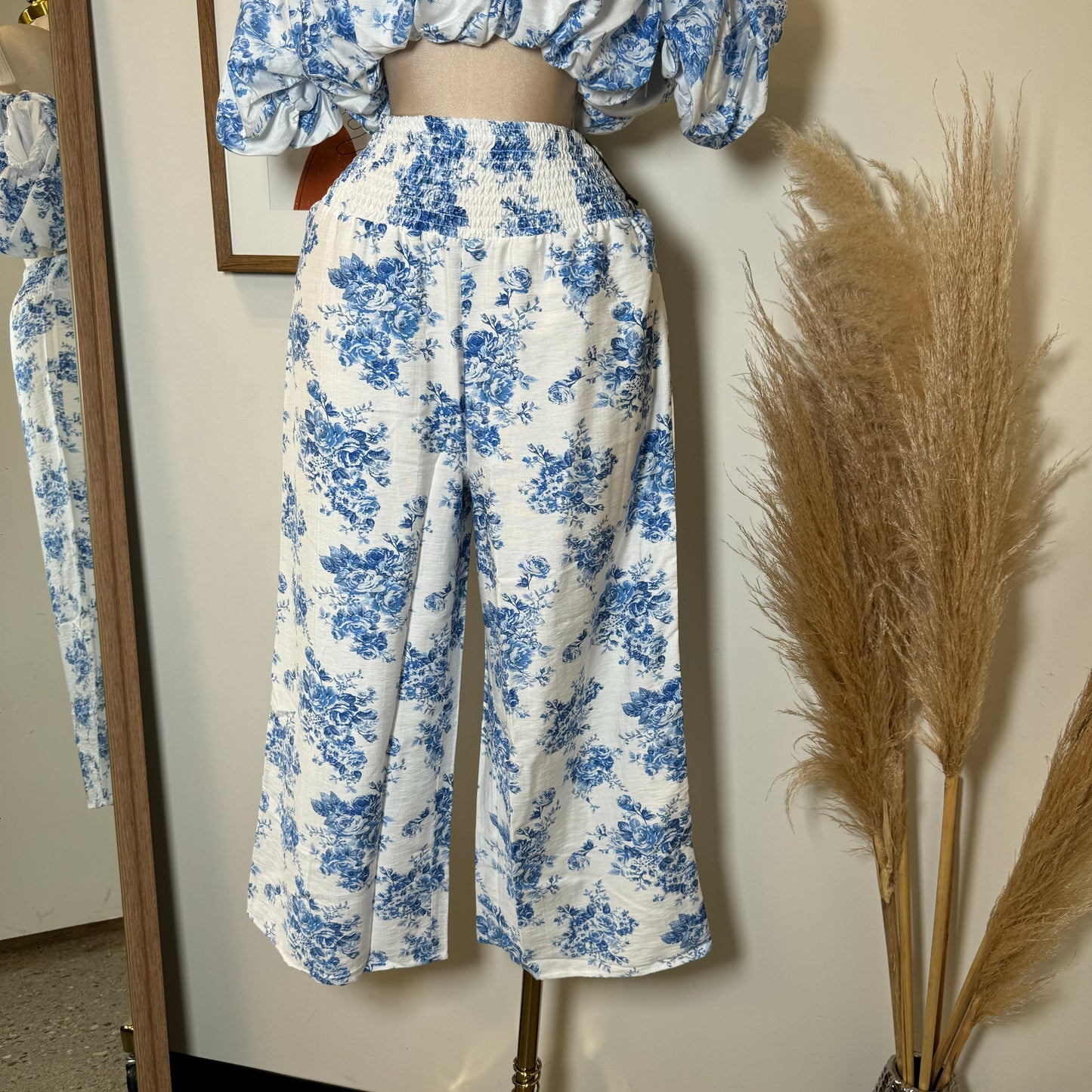 Off Shoulder Floral Top and Pant-Blue/White