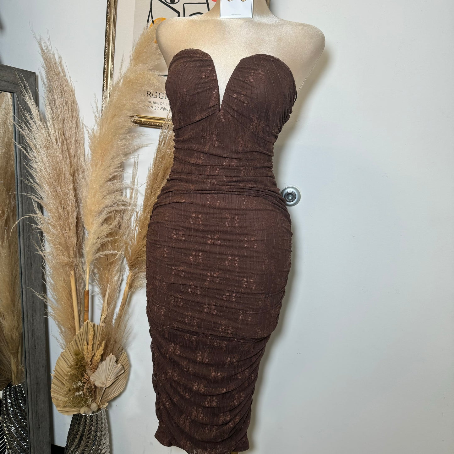 Sweetheart Shape Lace Dress-Brown