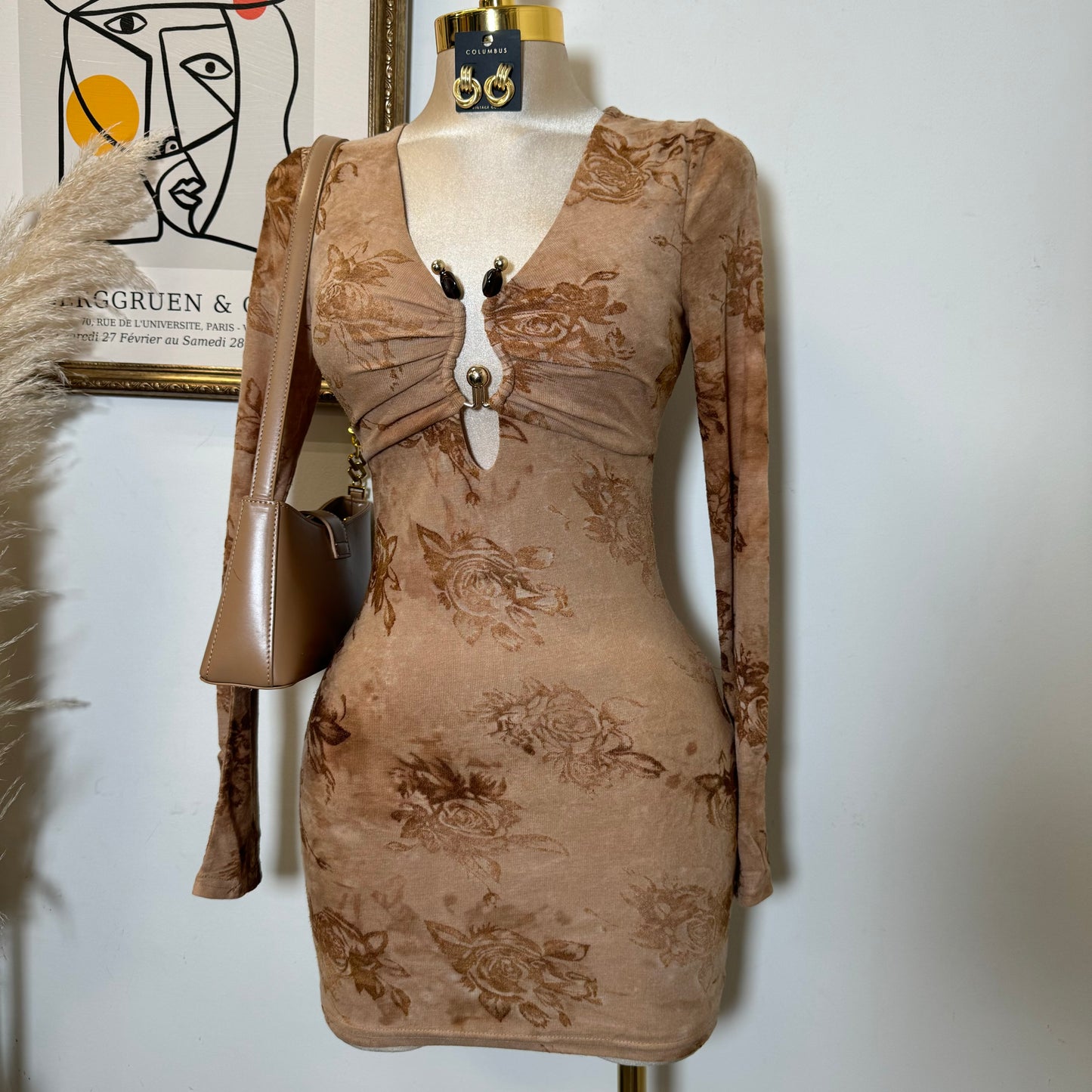 Brushed Knit Velvet Flocking Long Dress-Camel
