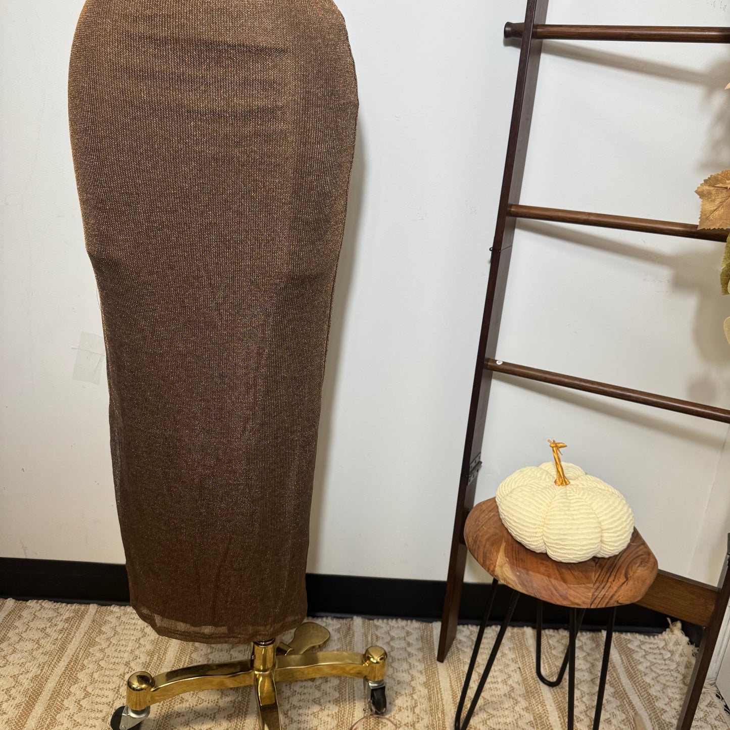 Halter Cowl Neck Metallic Knit Maxi Dress-brown