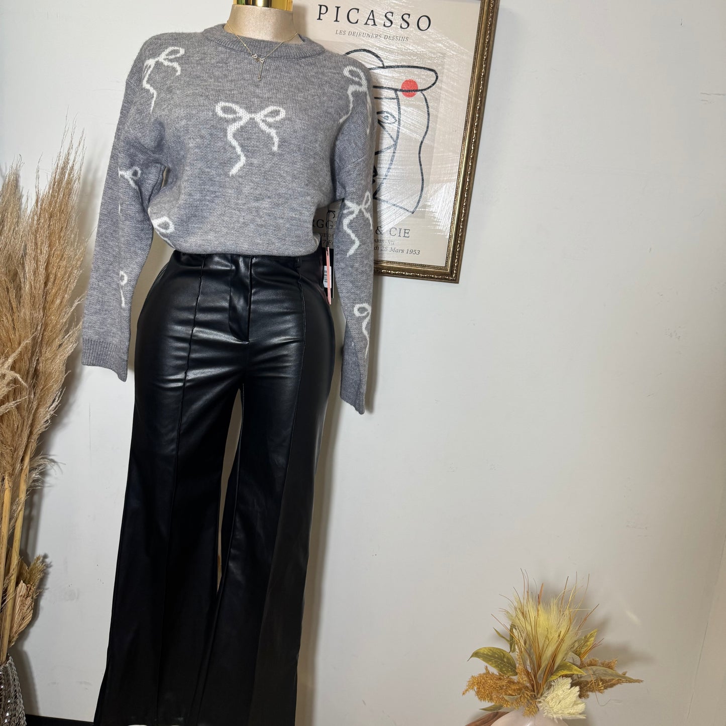 Bow Round Neck Sweater Top-Heather Grey