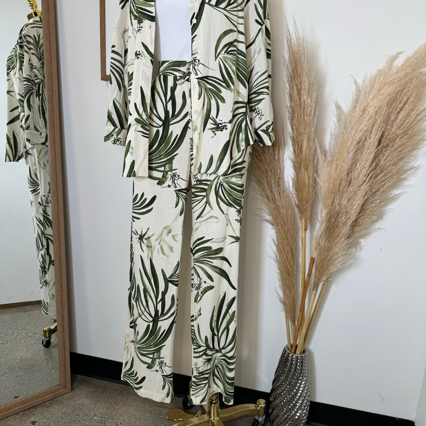 Palm Linen Pant Set-Green/white