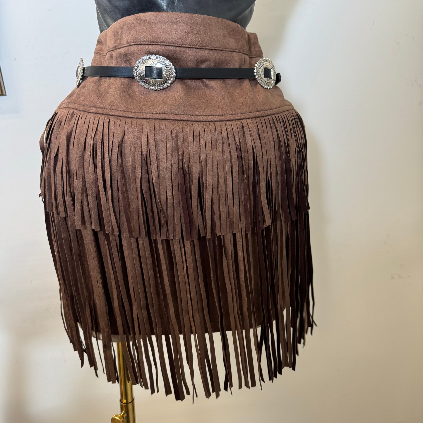 Suede Fringe Skirt-Brown