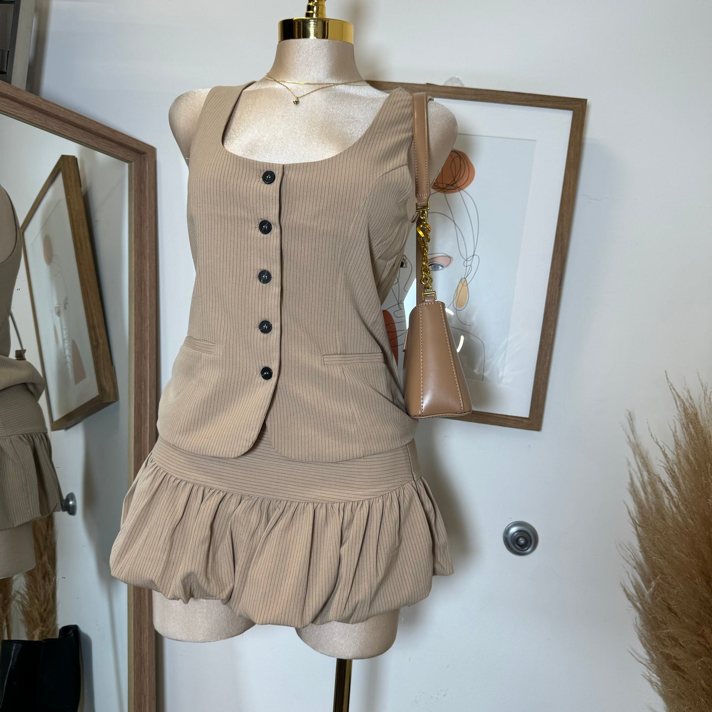 Camila Vest bubble skirt Set-Brown/Black