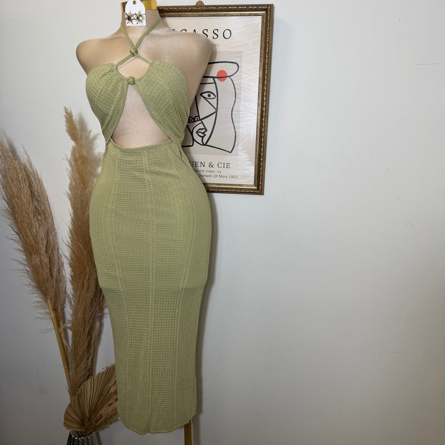 Textured Fabric Stone Trim Halter Midi Dress-Sage