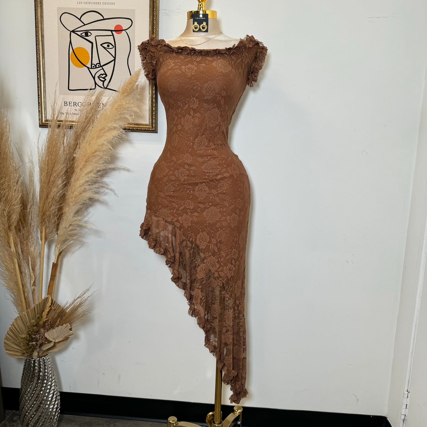 Off Shoulder Short Sleeve Lace Dress-Brown