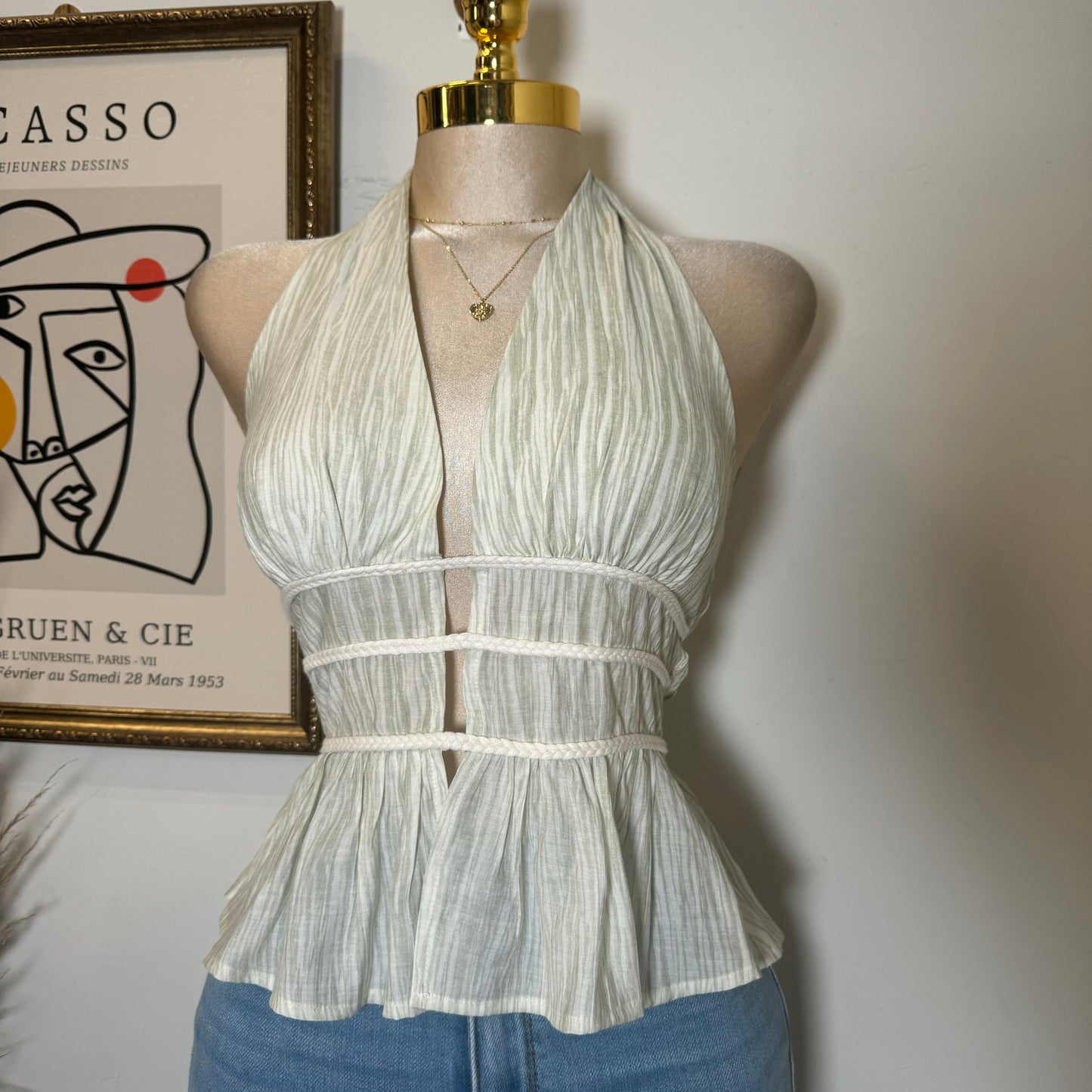 CRINKLE WOVEN PRINT BRAID DETAIL HALTER NECK TOP-Sage