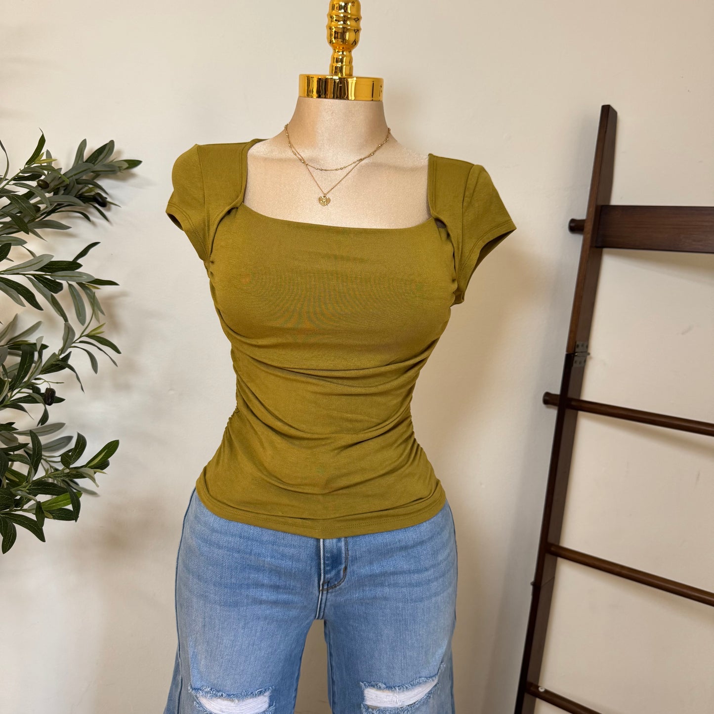 Square Neck Ruched Detail Short Sleeve Knit Top-Kiwi Olive
