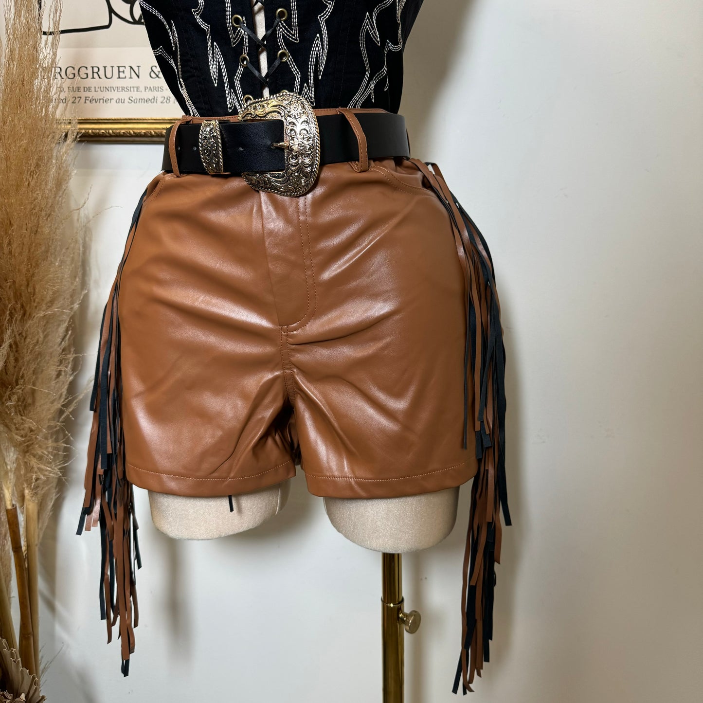 Leather Fringe Shorts-Camel