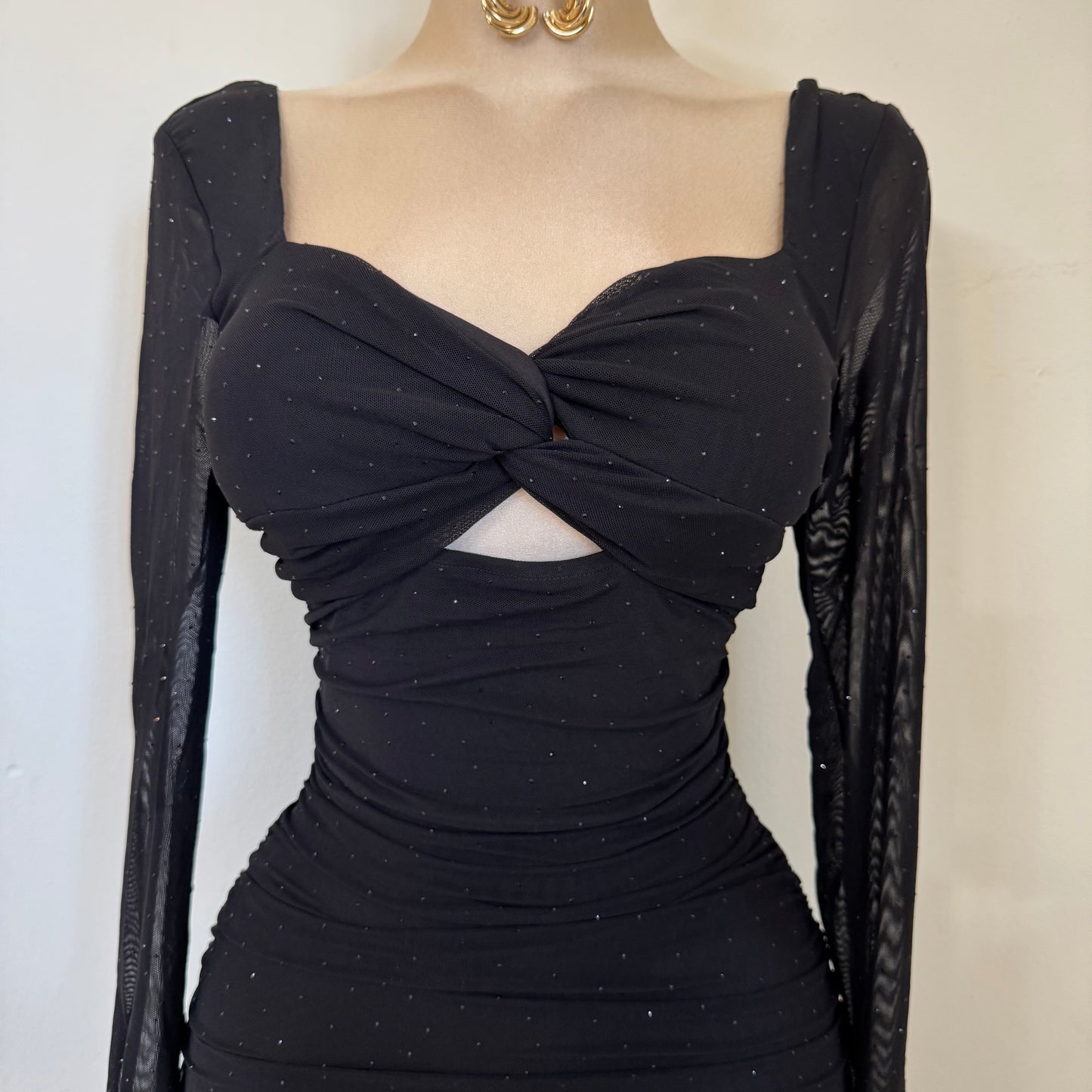 Sweet Heart Long Sleeve Rucing Rhinestone Midi Dress- Black