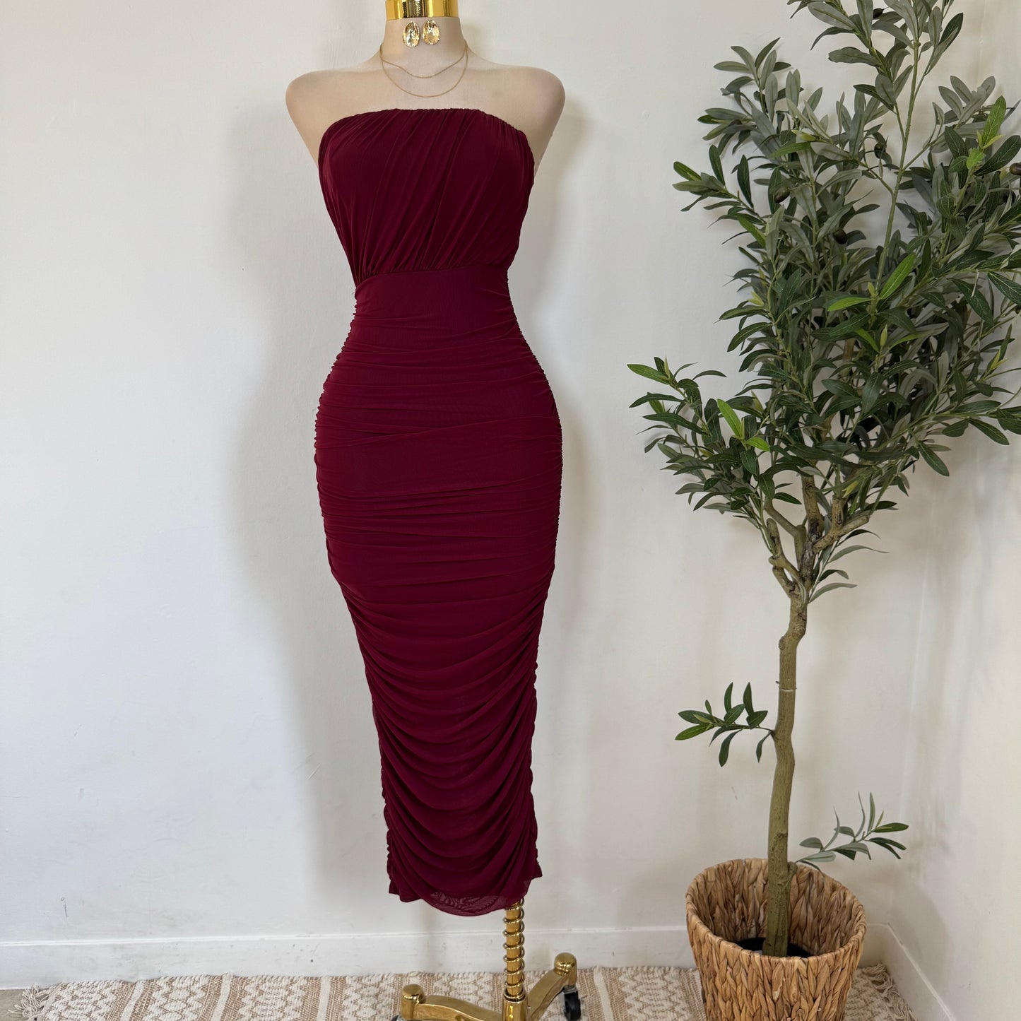 Mesh Off Shoulder Maxi Dress-Burgundy