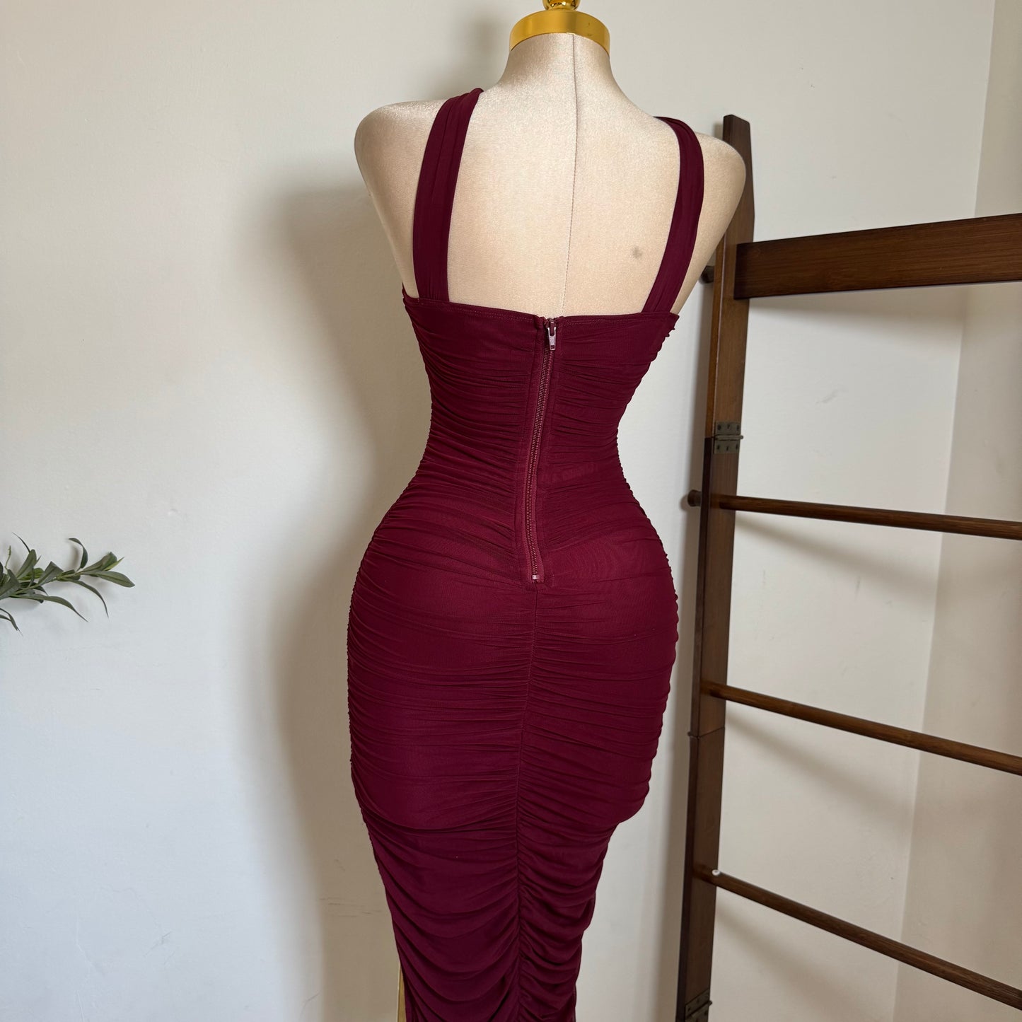 Inara Mesh Twist Halter Neck Midi Dress-Burgundy