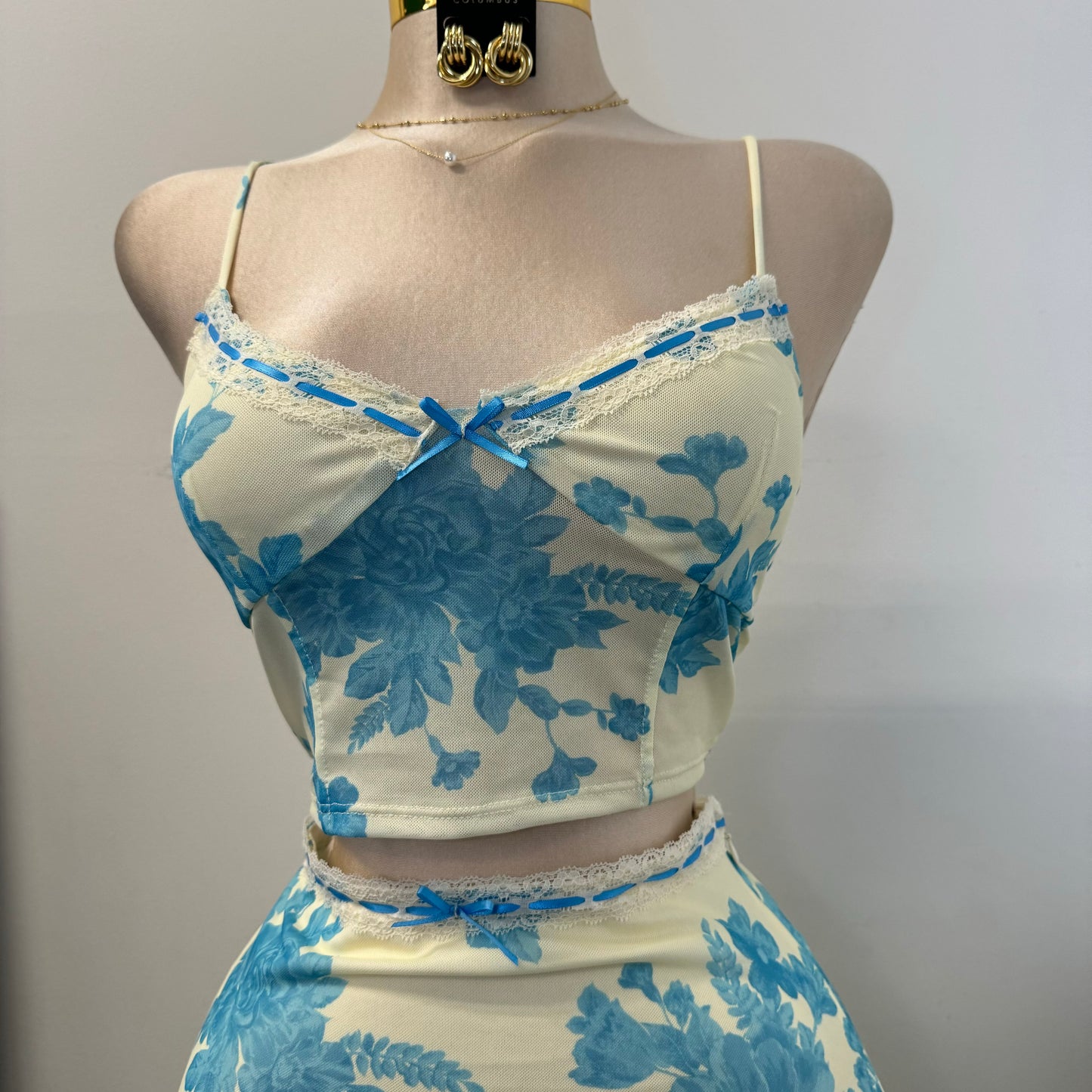 Mesh Two Piece Skirt Set-Blue