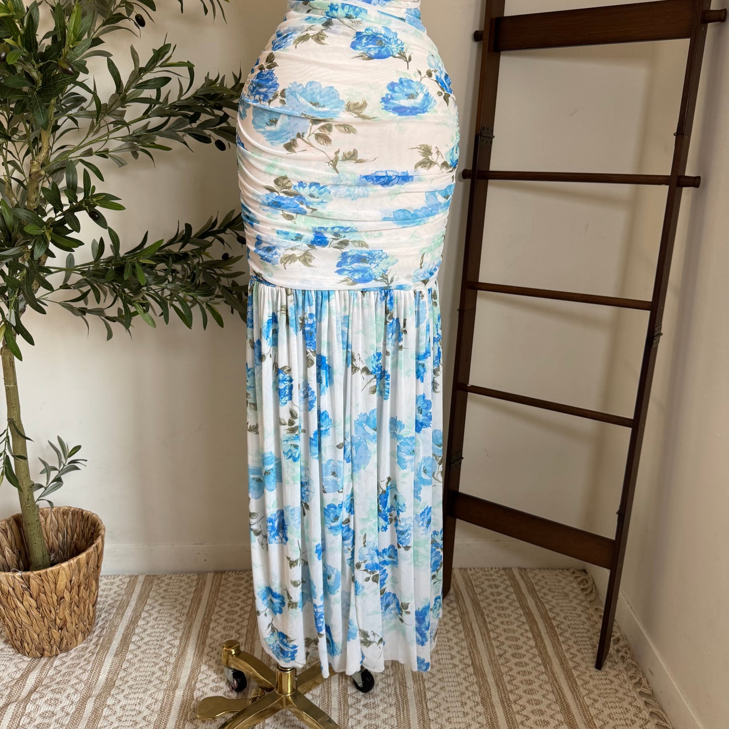 One Shoulder Mesh Maxi Dress-Blue/White