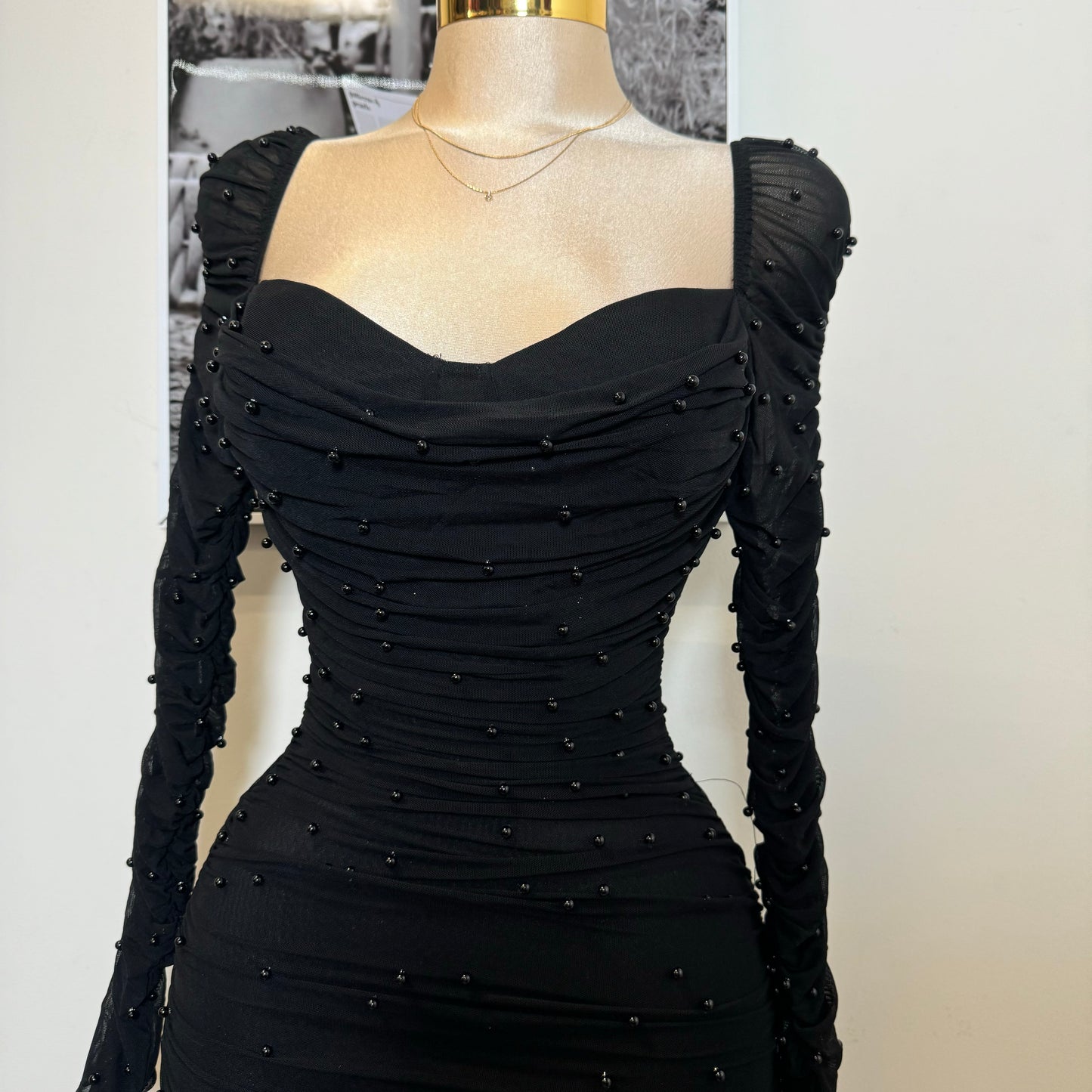 Meghan Pearl Mesh Dress-Black