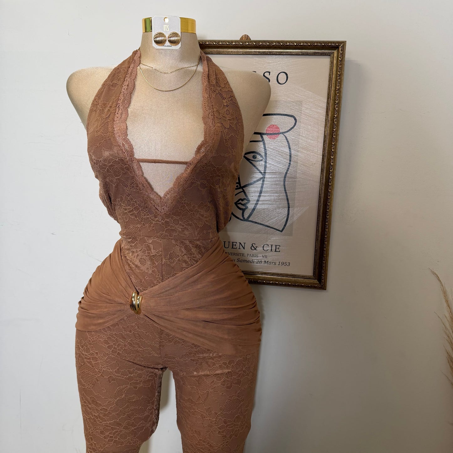 Halter Lace Jumpsuit Gold Detail-Brown