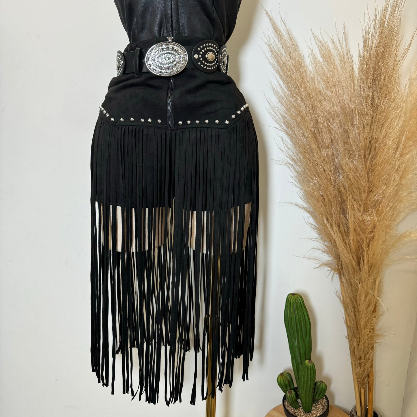 Fringe Stud Suede Shorts-Black