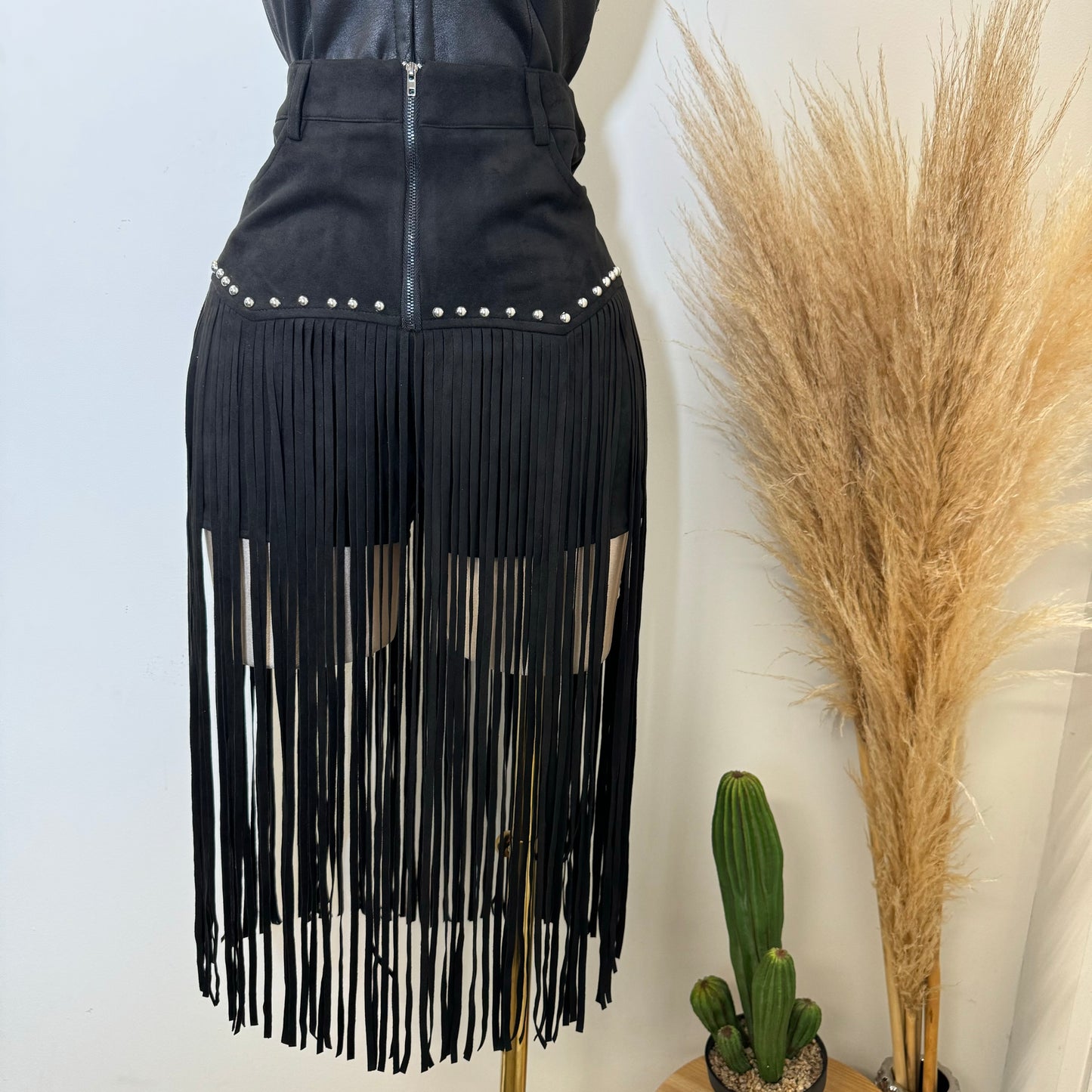 Fringe Stud Suede Shorts-Black