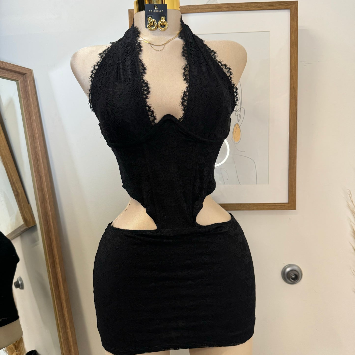 Luna Lace Corset Mini Dress-Black