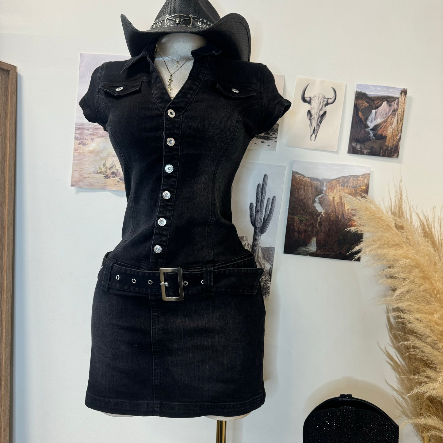 Denim Belt Mini Dress-Black