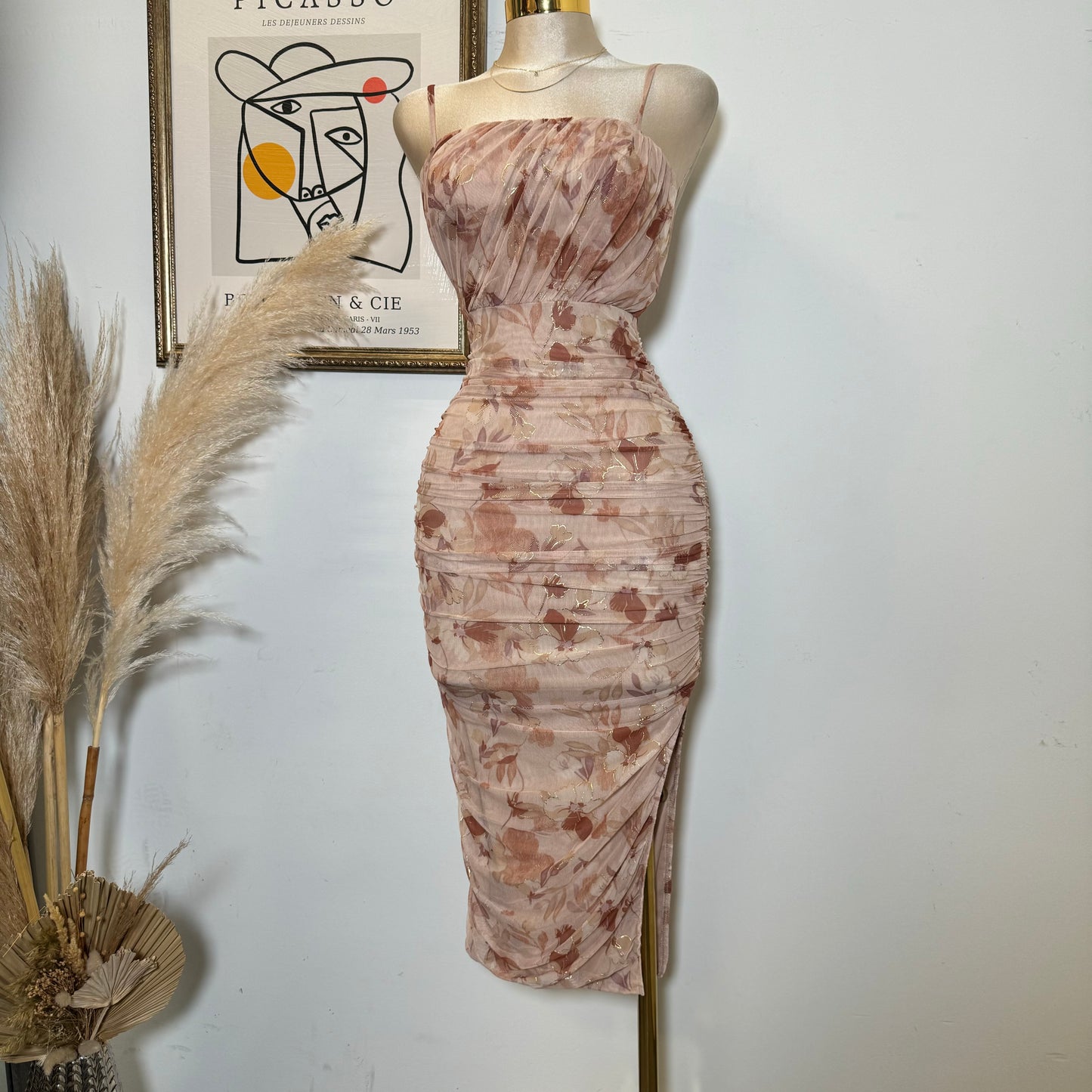 Metallic Mesh Print Tube Neck Line With spaghetti Straps-Rose