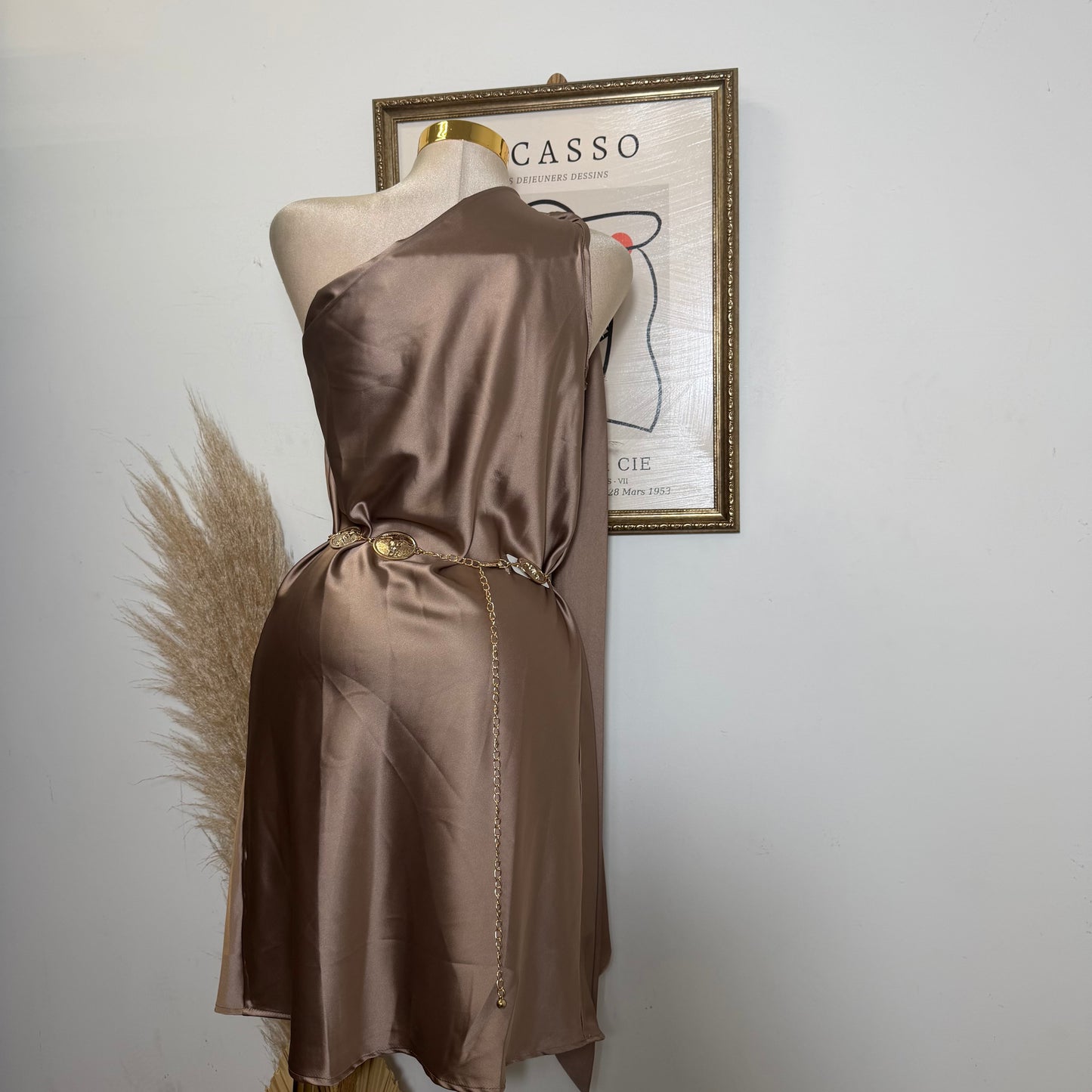 One shoulder Satin Dress with scarf-Duve