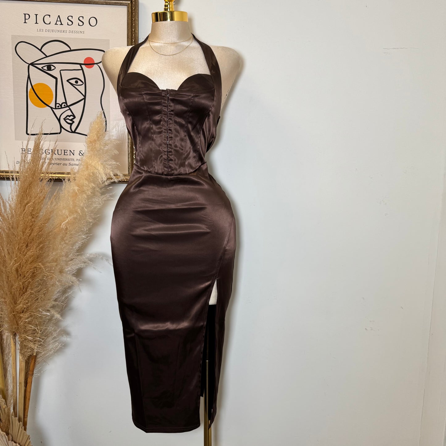 Corset Halter Satin Dress-Chocolate
